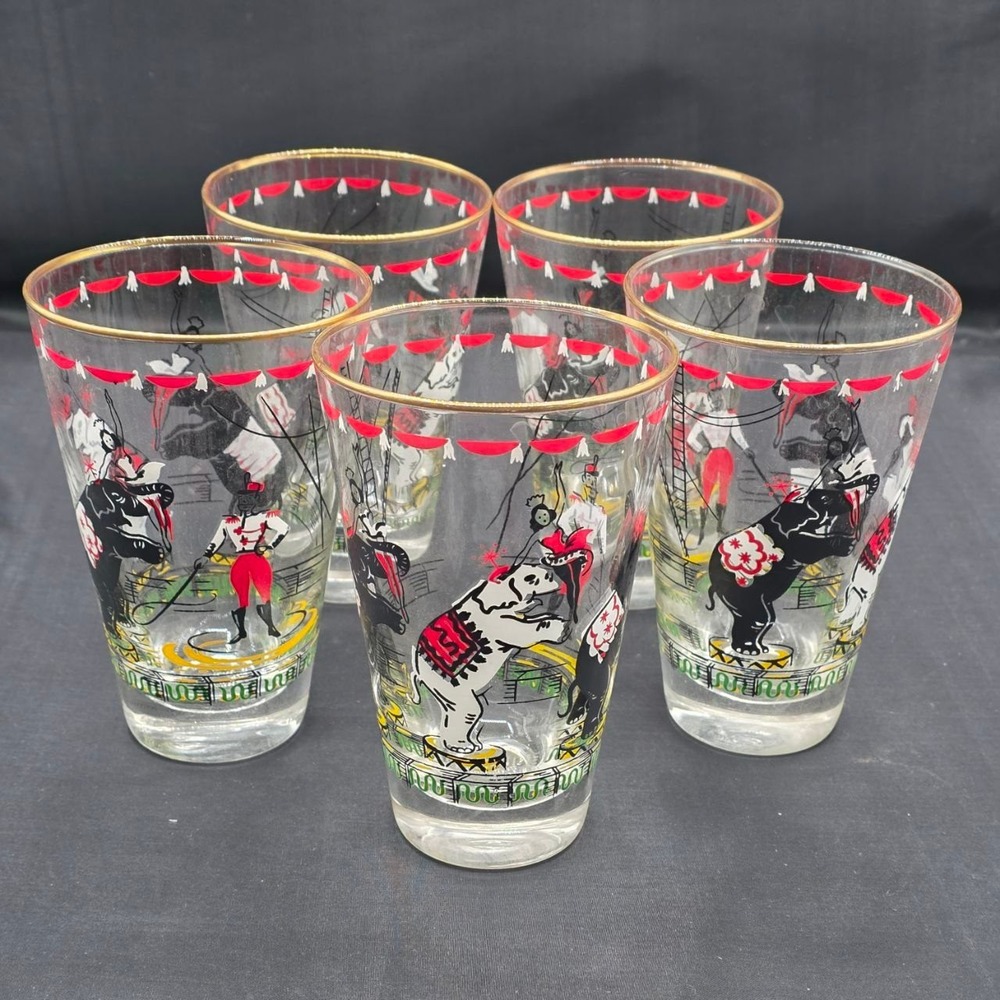 Vintage Set (5) Libbey Day at the Circus Highball Glass 12oz 1950s MCM Elephant